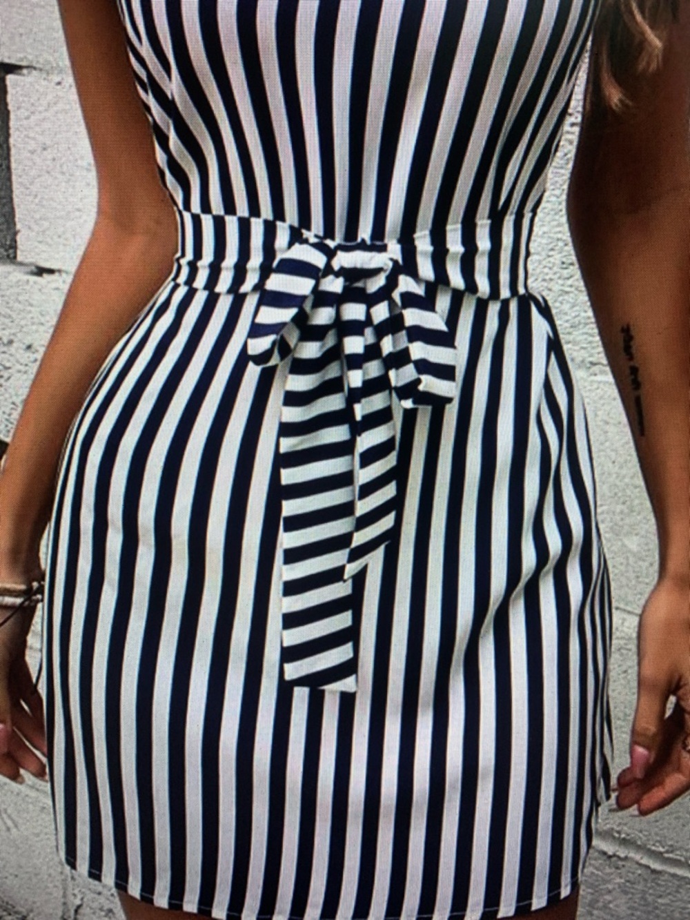 Striped Navy and White Belted Dress - Picture 2 of 5